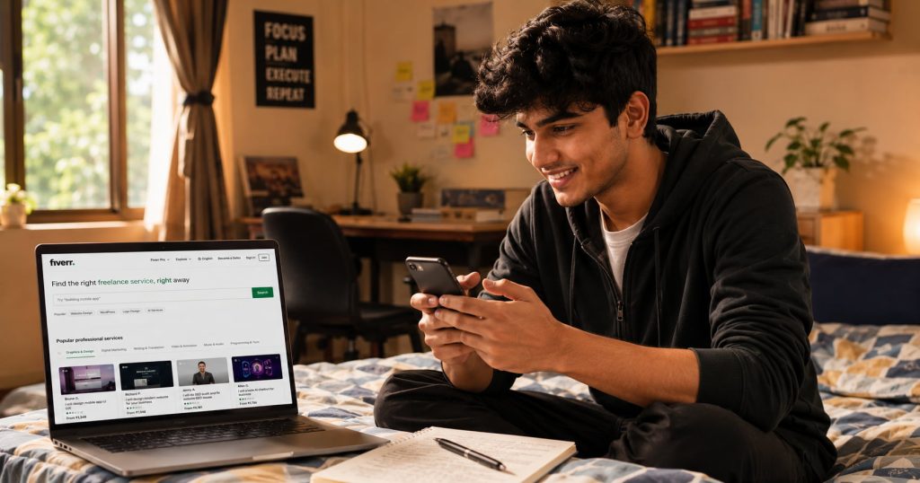 Student working on freelancing from laptop in India